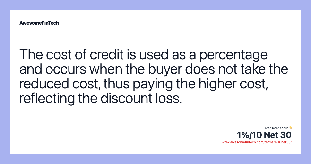 The cost of credit is used as a percentage and occurs when the buyer does not take the reduced cost, thus paying the higher cost, reflecting the discount loss.