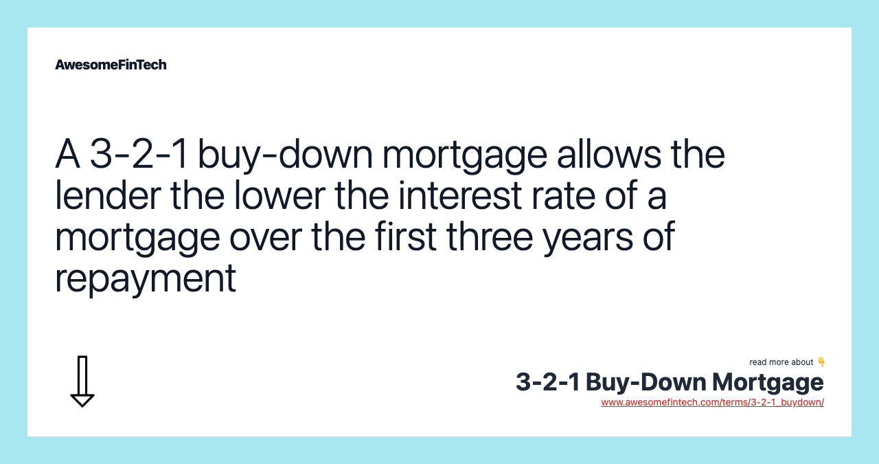 A 3-2-1 buy-down mortgage allows the lender the lower the interest rate of a mortgage over the first three years of repayment