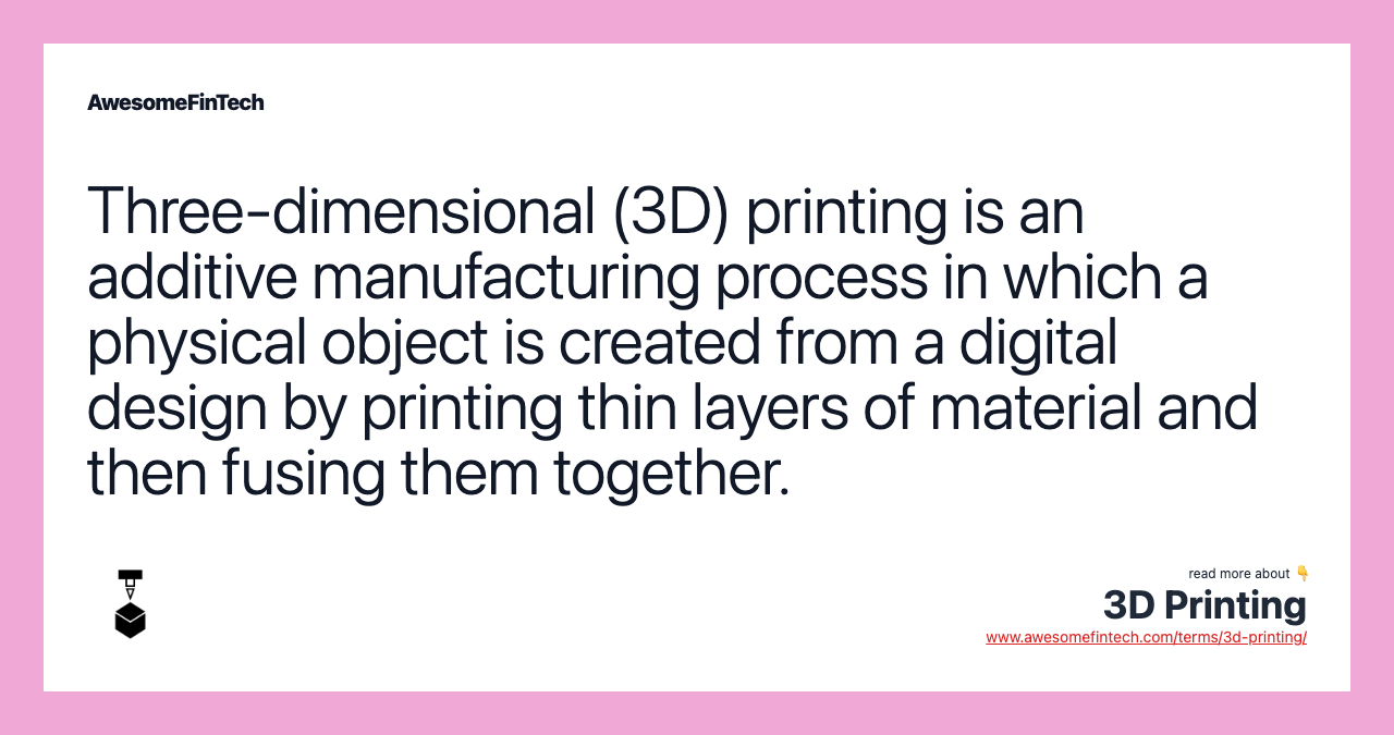 Three-dimensional (3D) printing is an additive manufacturing process in which a physical object is created from a digital design by printing thin layers of material and then fusing them together.