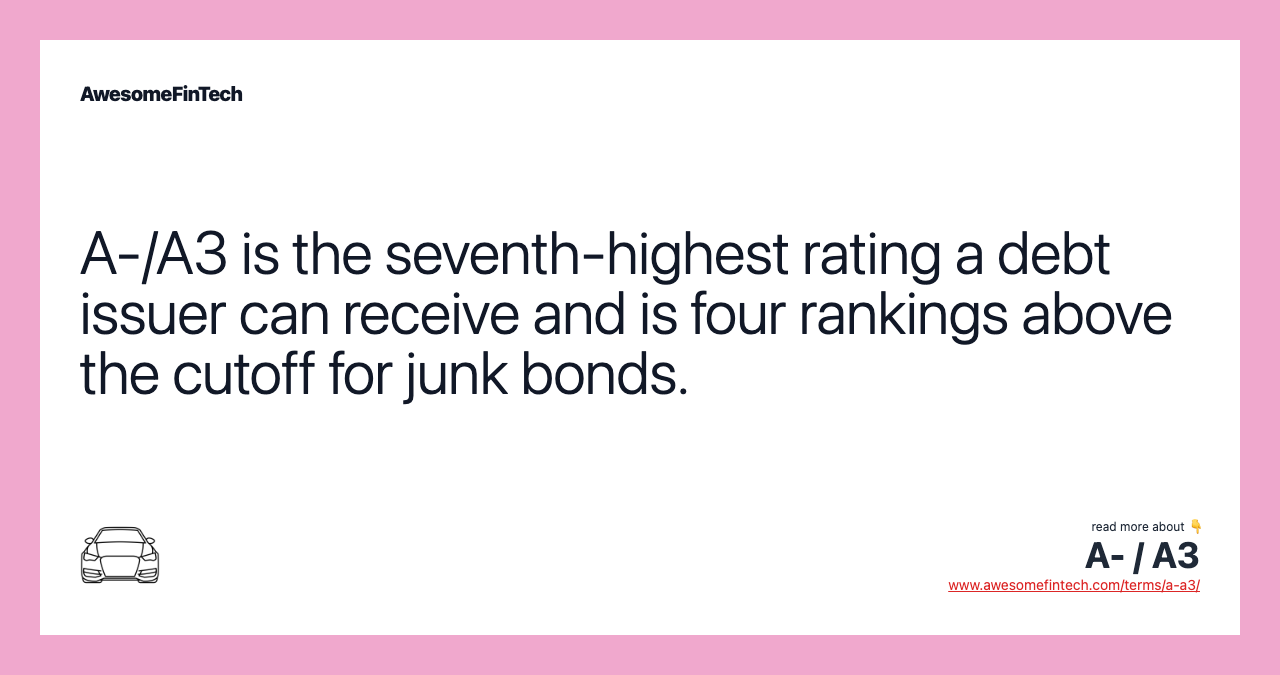 A-/A3 is the seventh-highest rating a debt issuer can receive and is four rankings above the cutoff for junk bonds.