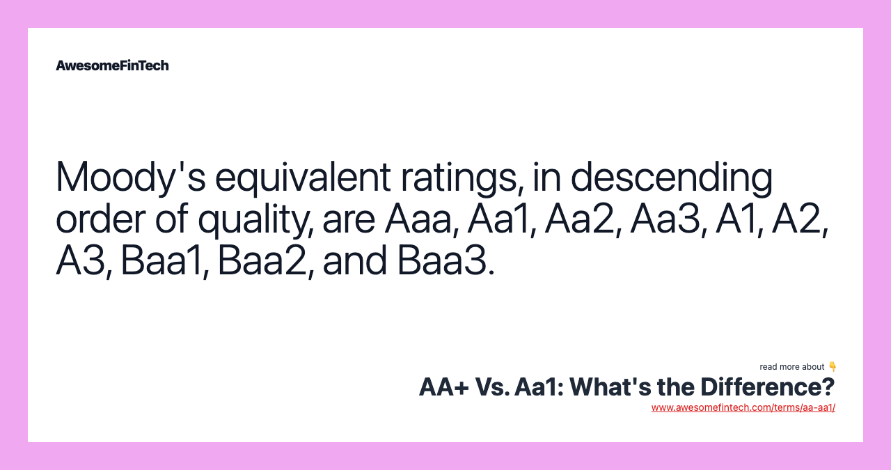 Moody's equivalent ratings, in descending order of quality, are Aaa, Aa1, Aa2, Aa3, A1, A2, A3, Baa1, Baa2, and Baa3.
