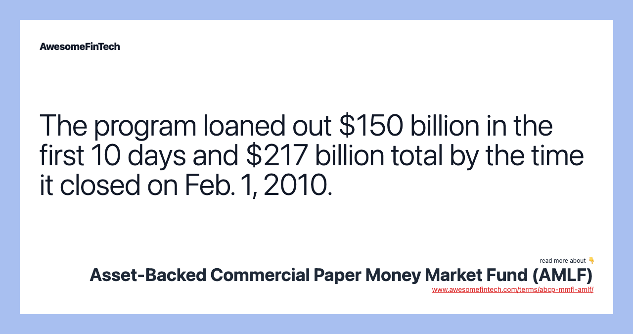 The program loaned out $150 billion in the first 10 days and $217 billion total by the time it closed on Feb. 1, 2010.