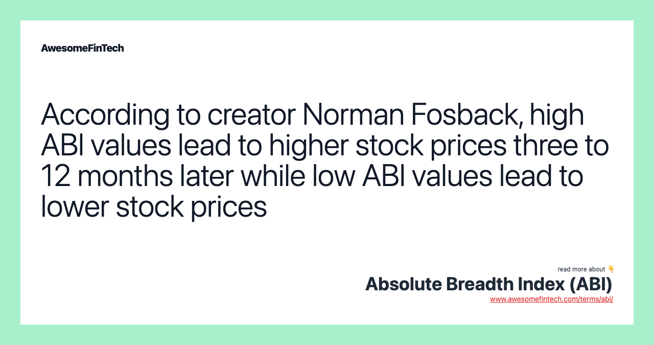 According to creator Norman Fosback, high ABI values lead to higher stock prices three to 12 months later while low ABI values lead to lower stock prices