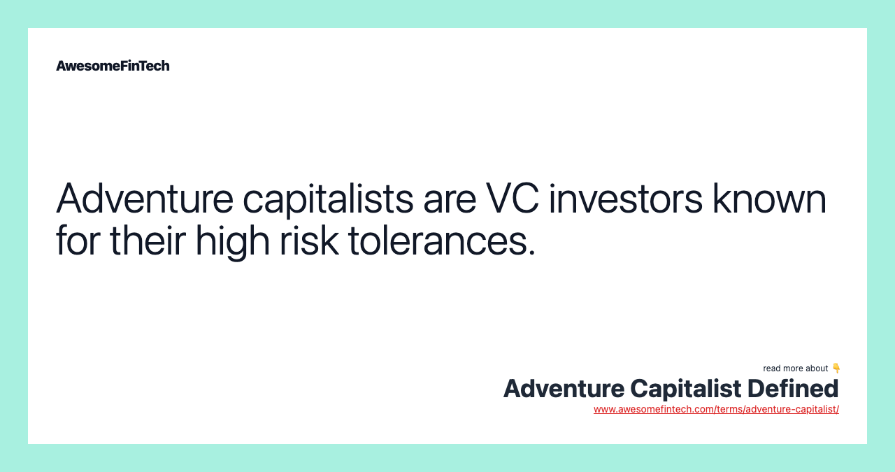 Adventure capitalists are VC investors known for their high risk tolerances.