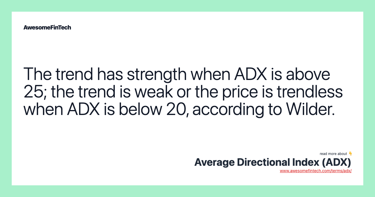 The trend has strength when ADX is above 25; the trend is weak or the price is trendless when ADX is below 20, according to Wilder.