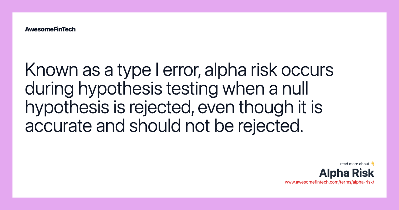 Known as a type I error, alpha risk occurs during hypothesis testing when a null hypothesis is rejected, even though it is accurate and should not be rejected.