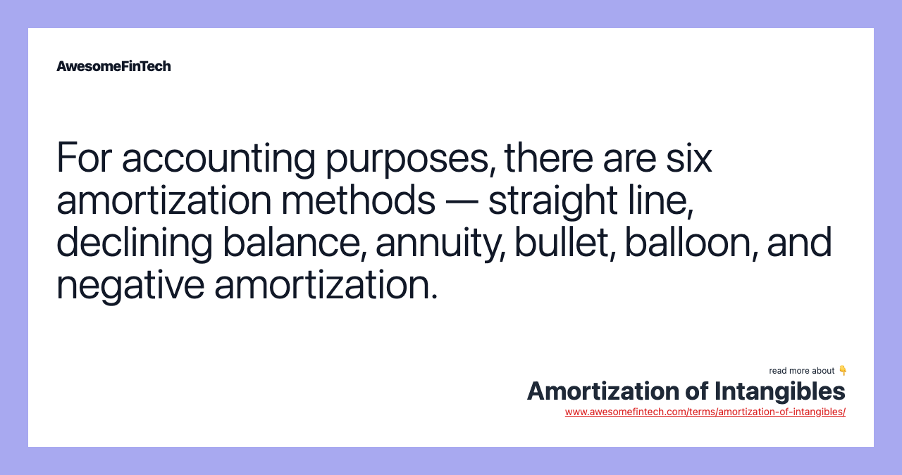 For accounting purposes, there are six amortization methods — straight line, declining balance, annuity, bullet, balloon, and negative amortization.
