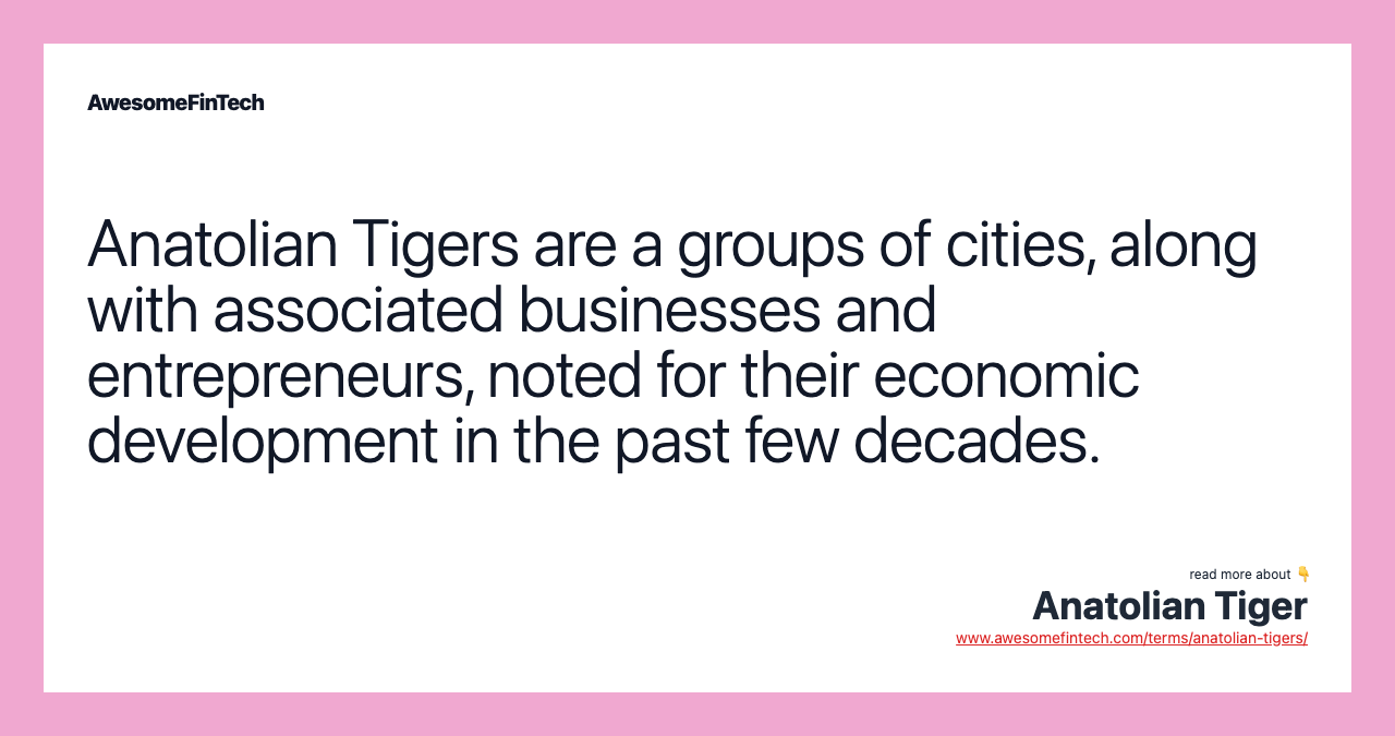 Anatolian Tigers are a groups of cities, along with associated businesses and entrepreneurs, noted for their economic development in the past few decades.