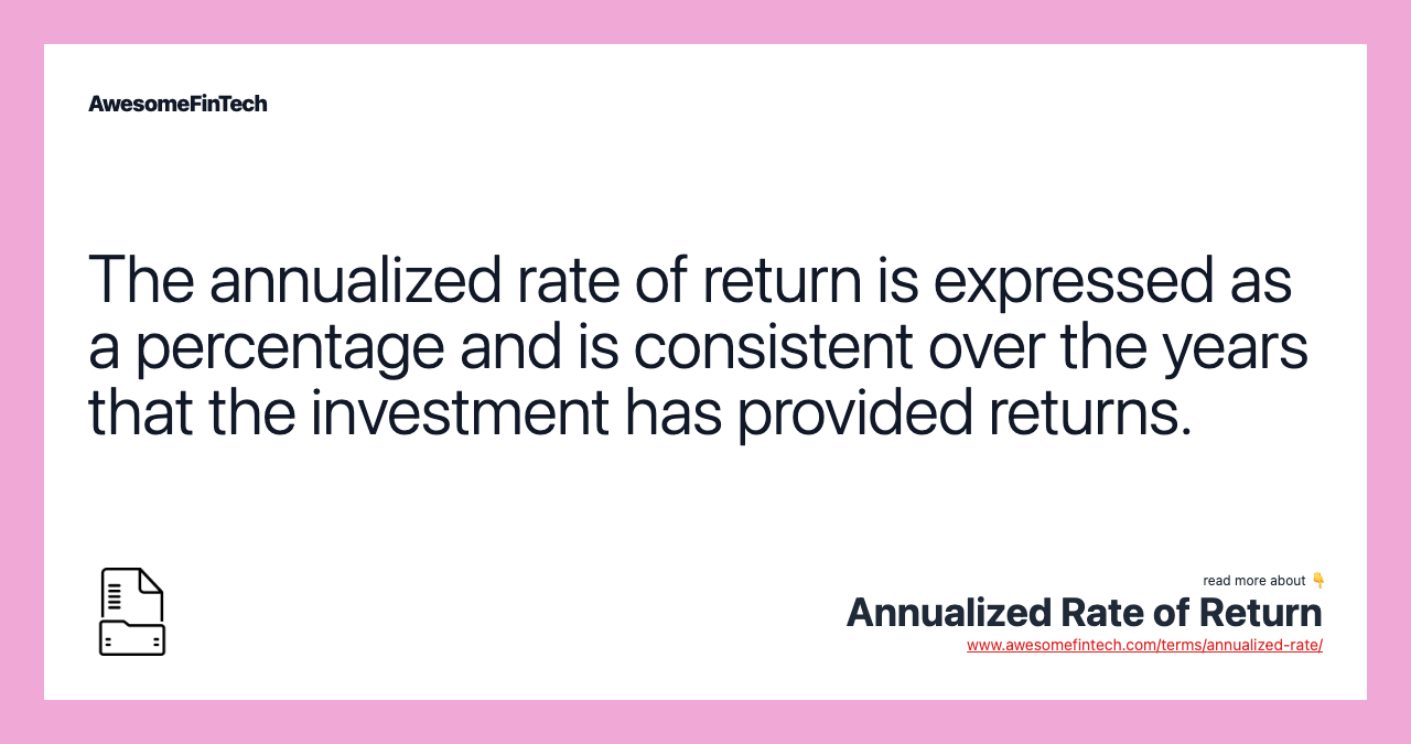 The annualized rate of return is expressed as a percentage and is consistent over the years that the investment has provided returns.