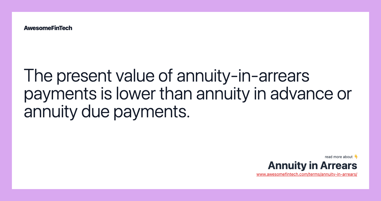 The present value of annuity-in-arrears payments is lower than annuity in advance or annuity due payments.