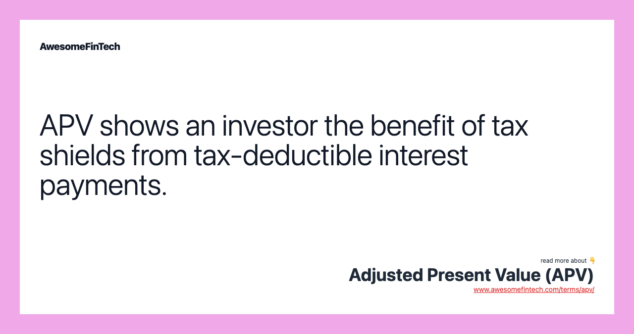APV shows an investor the benefit of tax shields from tax-deductible interest payments.