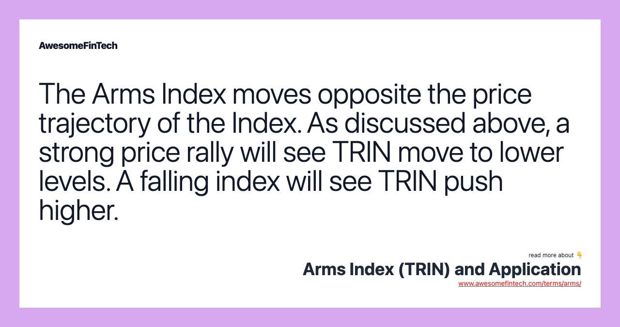 The Arms Index moves opposite the price trajectory of the Index. As discussed above, a strong price rally will see TRIN move to lower levels. A falling index will see TRIN push higher.