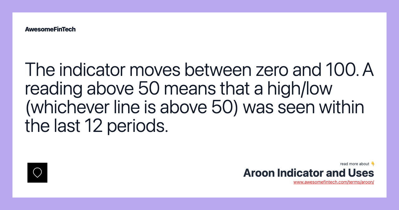 The indicator moves between zero and 100. A reading above 50 means that a high/low (whichever line is above 50) was seen within the last 12 periods.