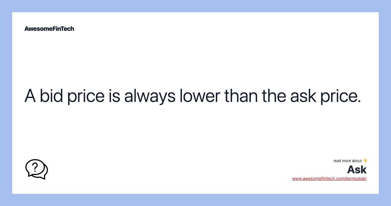 A bid price is always lower than the ask price.