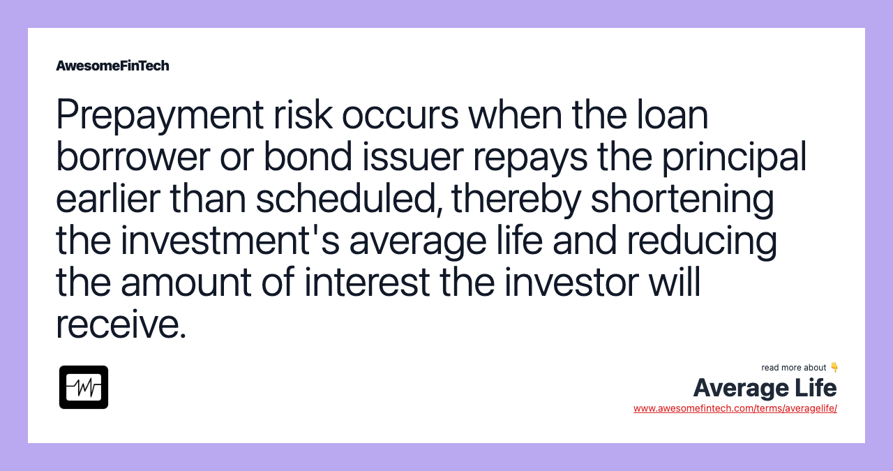 Prepayment risk occurs when the loan borrower or bond issuer repays the principal earlier than scheduled, thereby shortening the investment's average life and reducing the amount of interest the investor will receive.