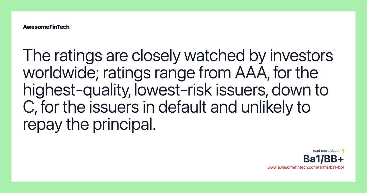 The ratings are closely watched by investors worldwide; ratings range from AAA, for the highest-quality, lowest-risk issuers, down to C, for the issuers in default and unlikely to repay the principal.