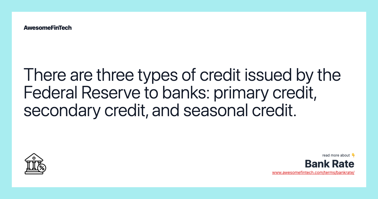 There are three types of credit issued by the Federal Reserve to banks: primary credit, secondary credit, and seasonal credit.