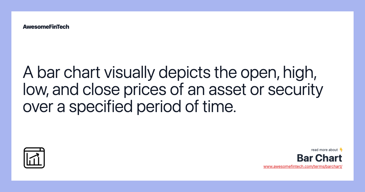 A bar chart visually depicts the open, high, low, and close prices of an asset or security over a specified period of time.