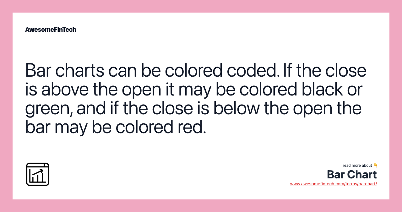 Bar charts can be colored coded. If the close is above the open it may be colored black or green, and if the close is below the open the bar may be colored red.