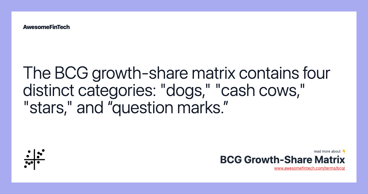 The BCG growth-share matrix contains four distinct categories: "dogs," "cash cows," "stars," and “question marks.”