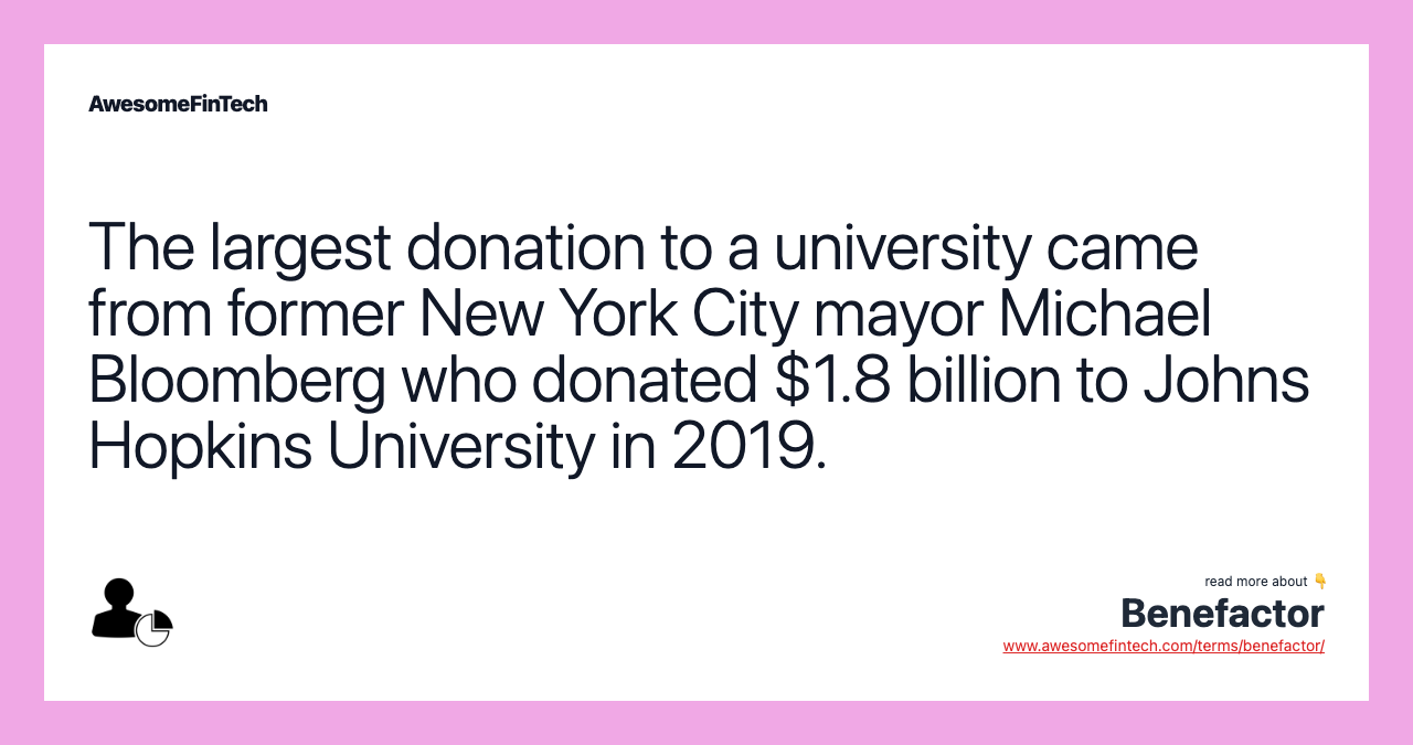 The largest donation to a university came from former New York City mayor Michael Bloomberg who donated $1.8 billion to Johns Hopkins University in 2019.