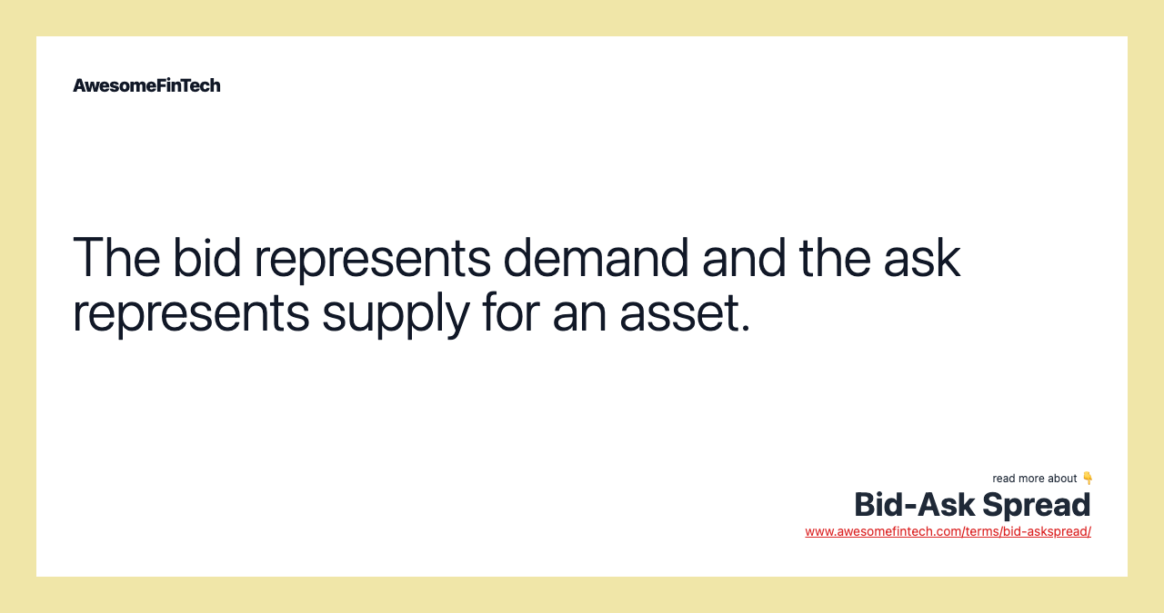 The bid represents demand and the ask represents supply for an asset.