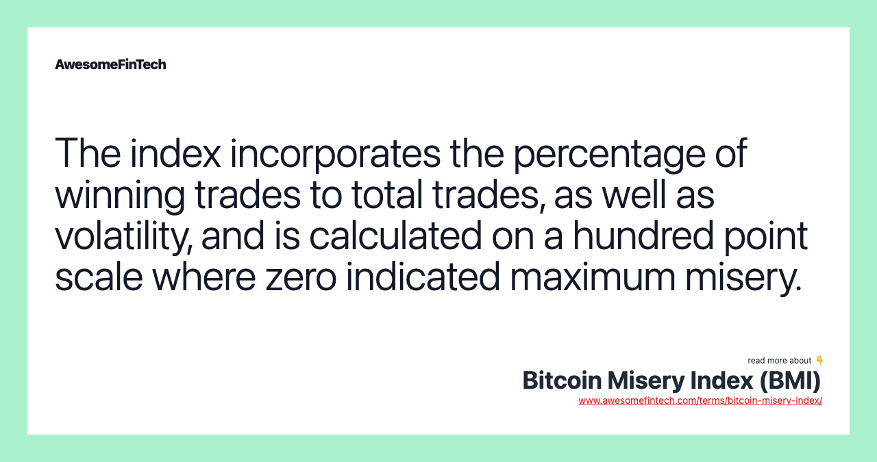 The index incorporates the percentage of winning trades to total trades, as well as volatility, and is calculated on a hundred point scale where zero indicated maximum misery.