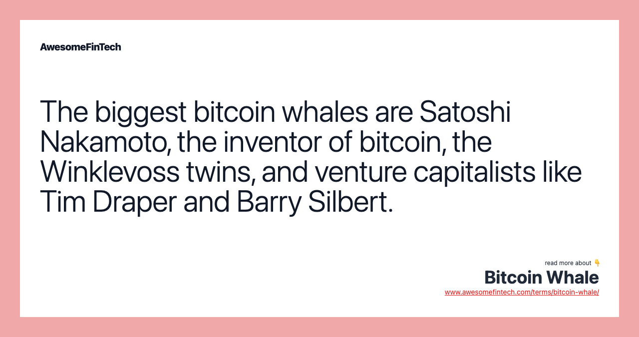 The biggest bitcoin whales are Satoshi Nakamoto, the inventor of bitcoin, the Winklevoss twins, and venture capitalists like Tim Draper and Barry Silbert.