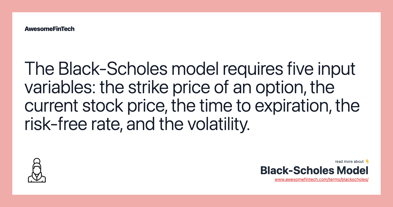 The Black-Scholes model requires five input variables: the strike price of an option, the current stock price, the time to expiration, the risk-free rate, and the volatility.