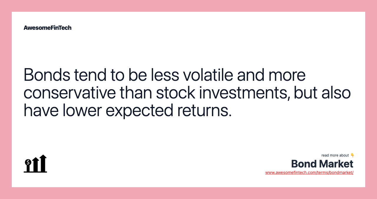 Bonds tend to be less volatile and more conservative than stock investments, but also have lower expected returns.