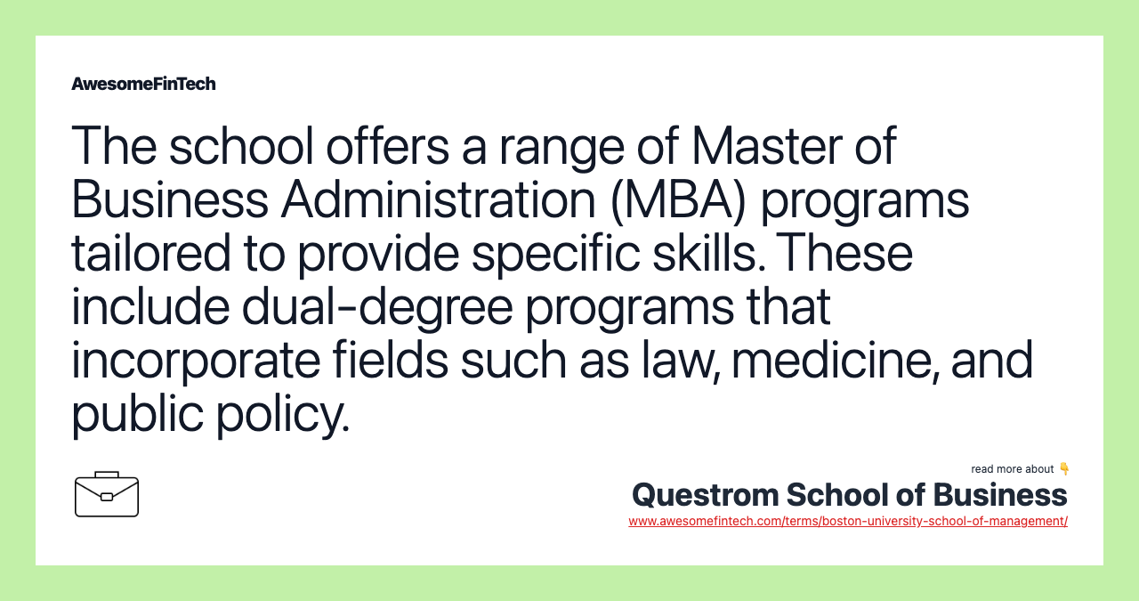 The school offers a range of Master of Business Administration (MBA) programs tailored to provide specific skills. These include dual-degree programs that incorporate fields such as law, medicine, and public policy.