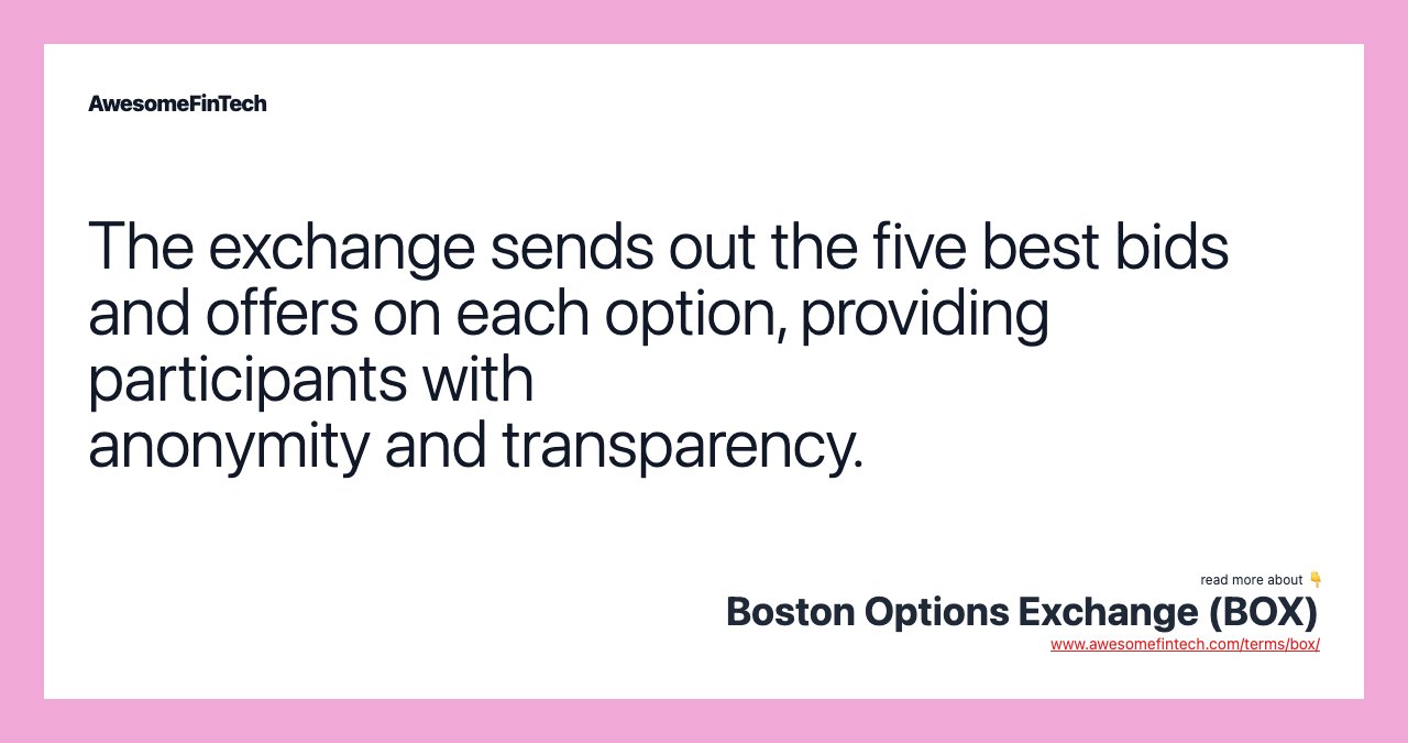 The exchange sends out the five best bids and offers on each option, providing participants with anonymity and transparency.