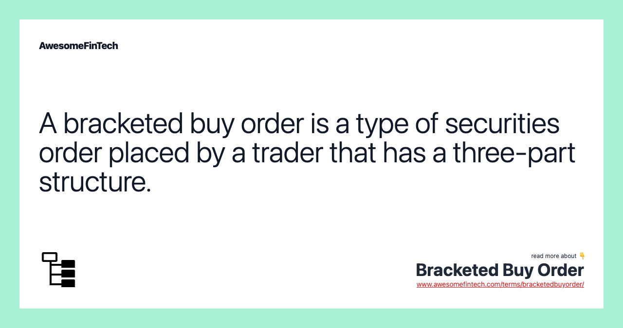 A bracketed buy order is a type of securities order placed by a trader that has a three-part structure.