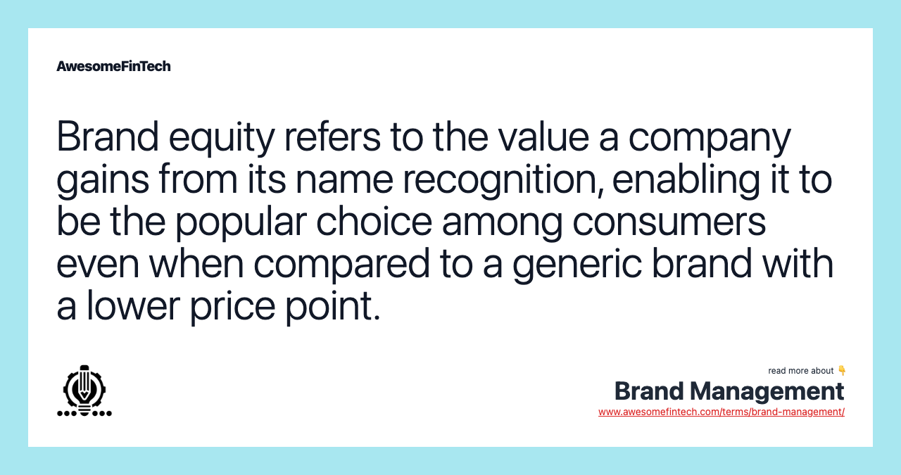 Brand equity refers to the value a company gains from its name recognition, enabling it to be the popular choice among consumers even when compared to a generic brand with a lower price point.