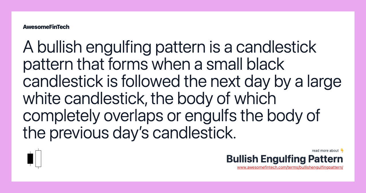 A bullish engulfing pattern is a candlestick pattern that forms when a small black candlestick is followed the next day by a large white candlestick, the body of which completely overlaps or engulfs the body of the previous day’s candlestick.