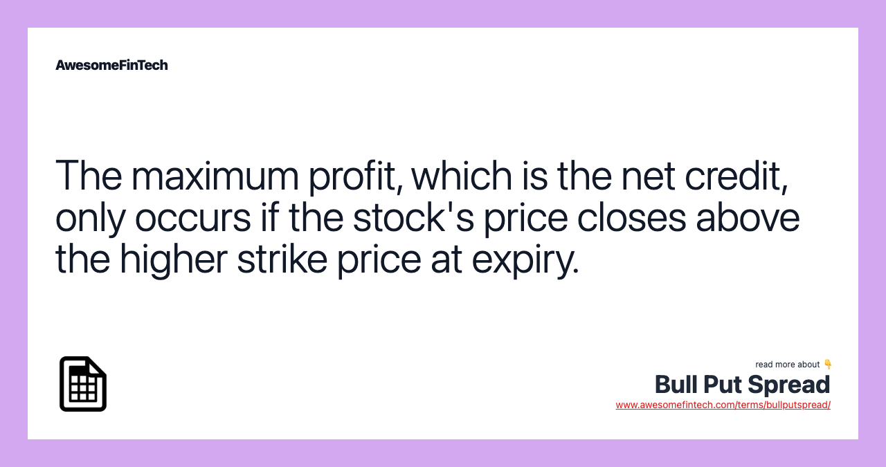 The maximum profit, which is the net credit, only occurs if the stock's price closes above the higher strike price at expiry.