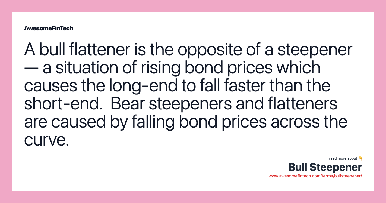 A bull flattener is the opposite of a steepener — a situation of rising bond prices which causes the long-end to fall faster than the short-end.  Bear steepeners and flatteners are caused by falling bond prices across the curve.