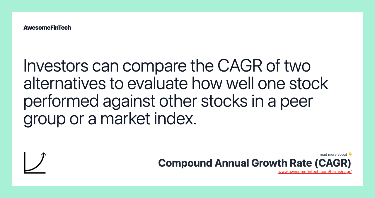 Investors can compare the CAGR of two alternatives to evaluate how well one stock performed against other stocks in a peer group or a market index.
