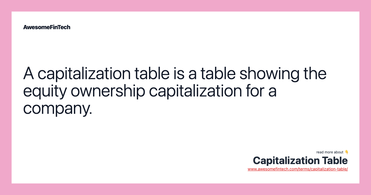 A capitalization table is a table showing the equity ownership capitalization for a company.