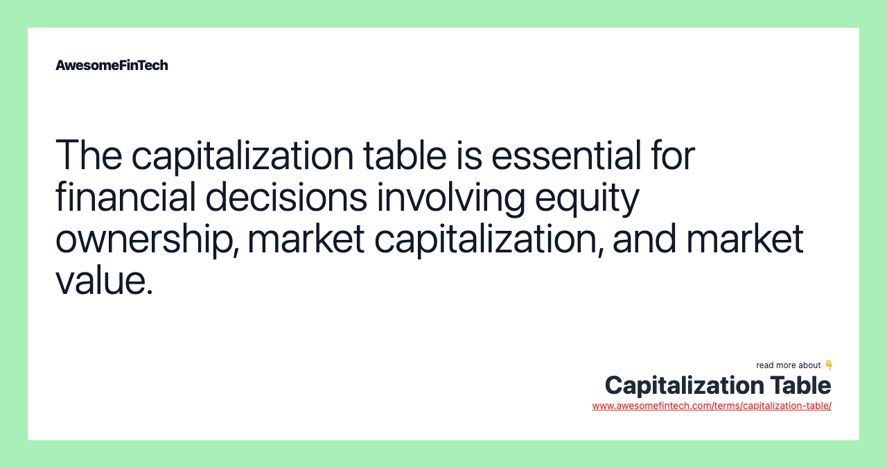 The capitalization table is essential for financial decisions involving equity ownership, market capitalization, and market value.