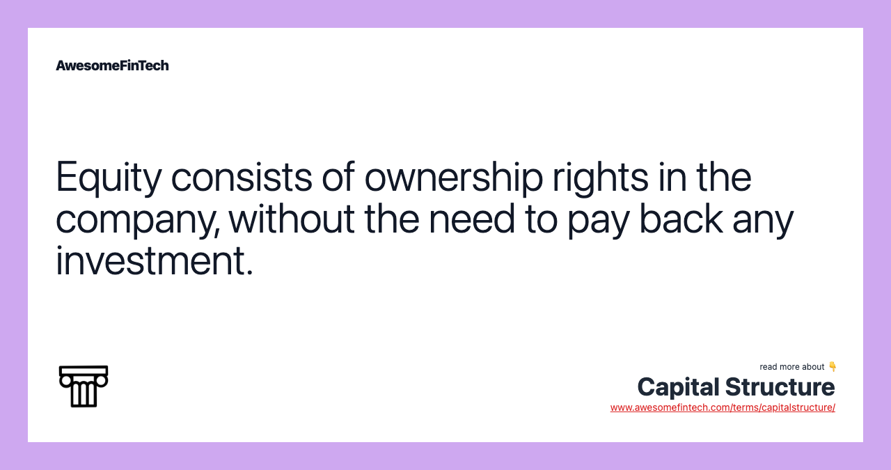 Equity consists of ownership rights in the company, without the need to pay back any investment.
