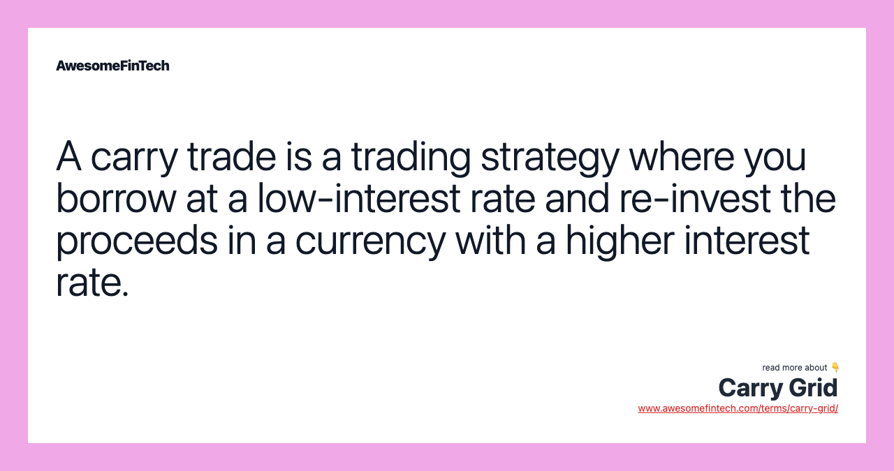 A carry trade is a trading strategy where you borrow at a low-interest rate and re-invest the proceeds in a currency with a higher interest rate.