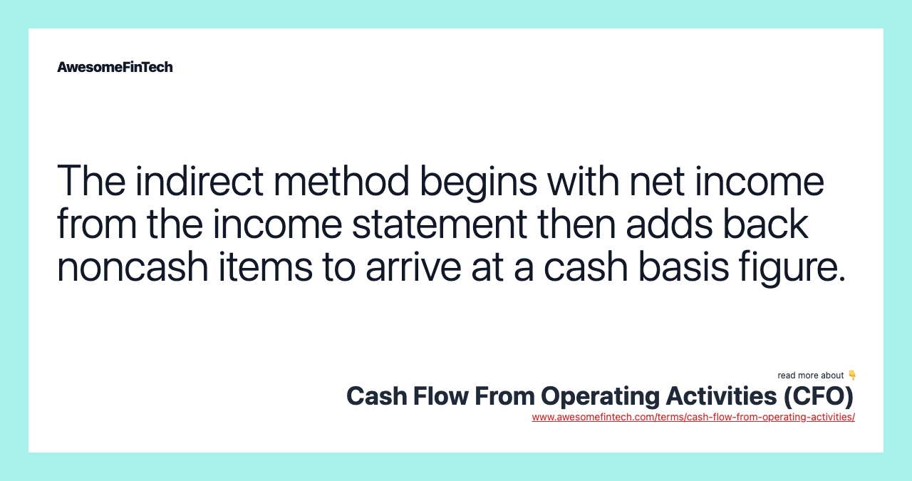 The indirect method begins with net income from the income statement then adds back noncash items to arrive at a cash basis figure.