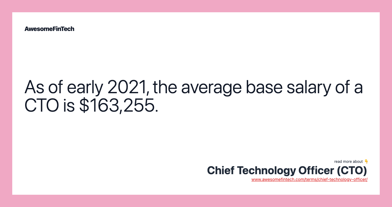 As of early 2021, the average base salary of a CTO is $163,255.