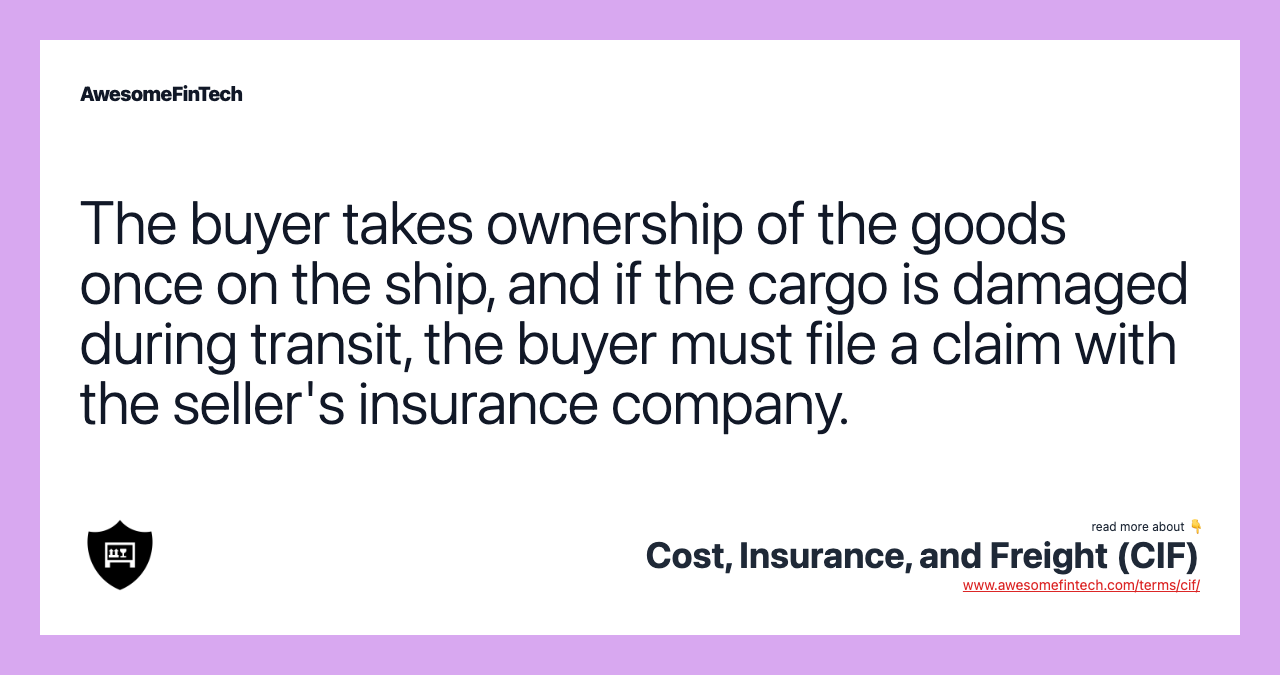 The buyer takes ownership of the goods once on the ship, and if the cargo is damaged during transit, the buyer must file a claim with the seller's insurance company.