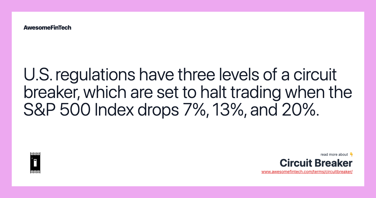 U.S. regulations have three levels of a circuit breaker, which are set to halt trading when the S&P 500 Index drops 7%, 13%, and 20%.