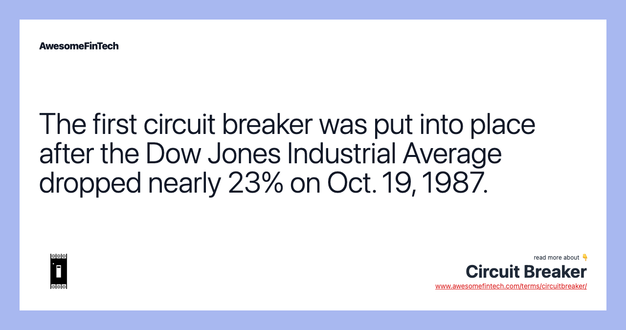 The first circuit breaker was put into place after the Dow Jones Industrial Average dropped nearly 23% on Oct. 19, 1987.