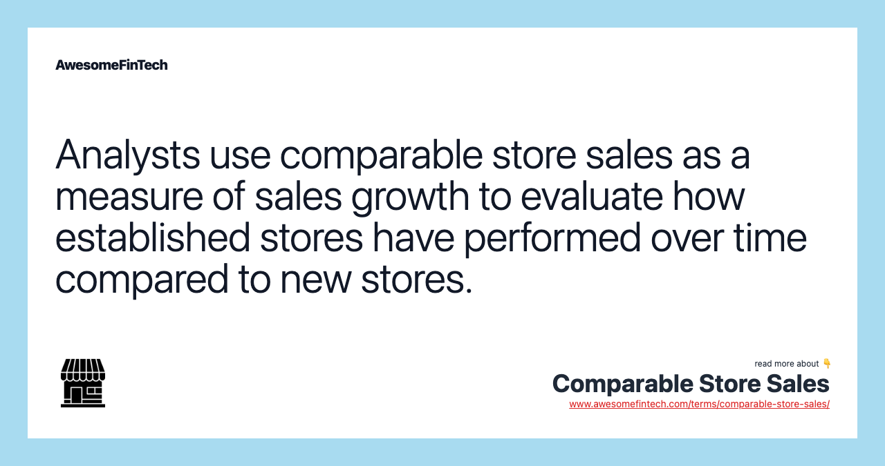 Analysts use comparable store sales as a measure of sales growth to evaluate how established stores have performed over time compared to new stores.