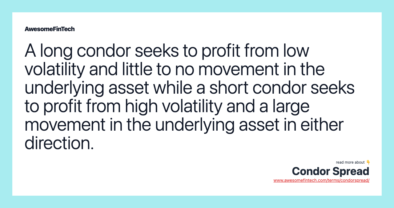 A long condor seeks to profit from low volatility and little to no movement in the underlying asset while a short condor seeks to profit from high volatility and a large movement in the underlying asset in either direction.