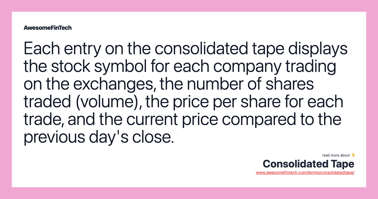 Each entry on the consolidated tape displays the stock symbol for each company trading on the exchanges, the number of shares traded (volume), the price per share for each trade, and the current price compared to the previous day's close.